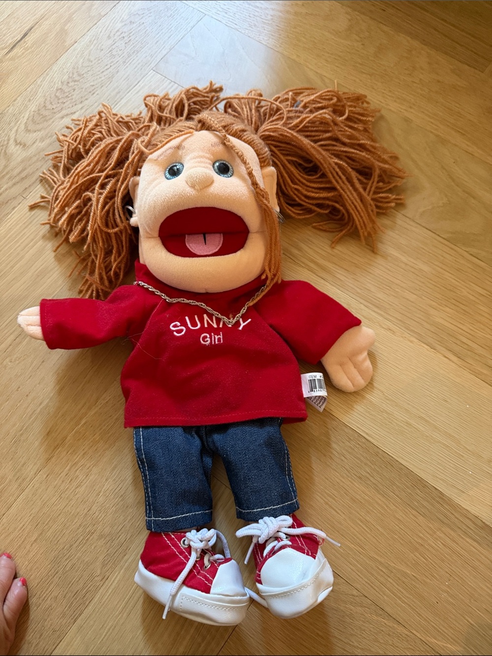 Sunny Girl Red Plush Hand Puppet Doll with Brown Yarn Hair Vintage 2000s